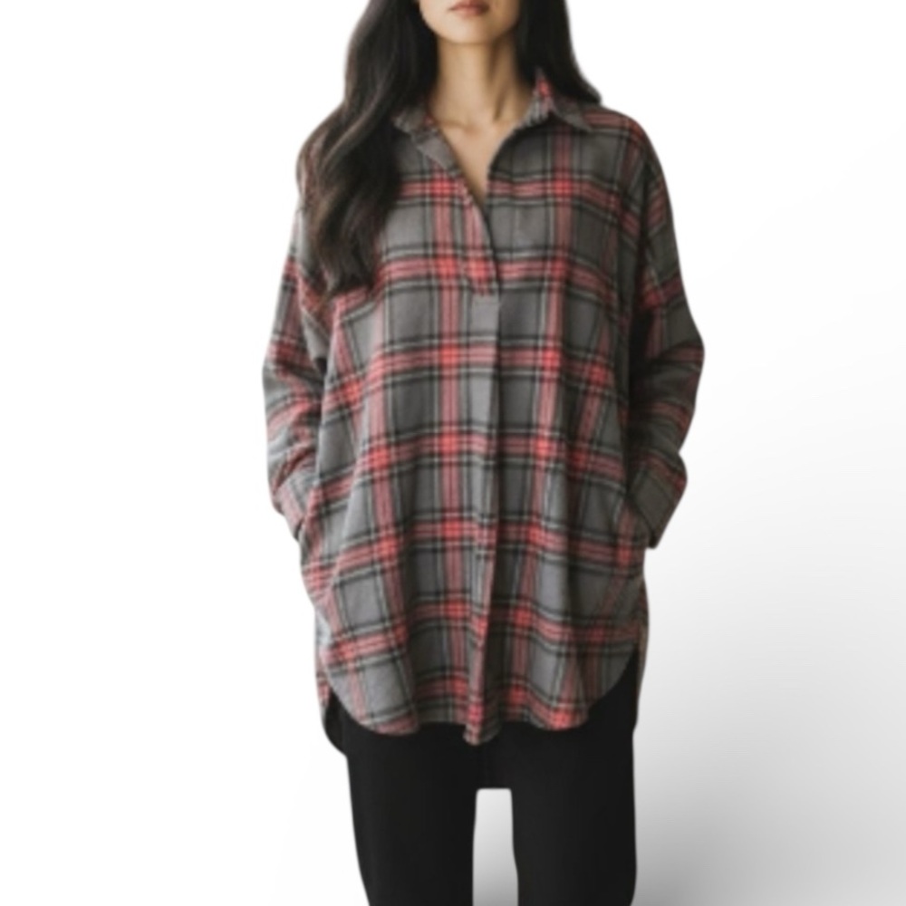 French Connection Panita Plaid Flannel Popover in Red Charcoal Sz Medium
